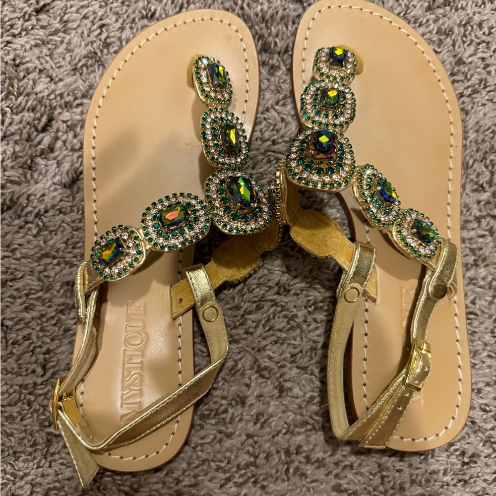Mystique Boutique Gold Sandals with Jewel Accents